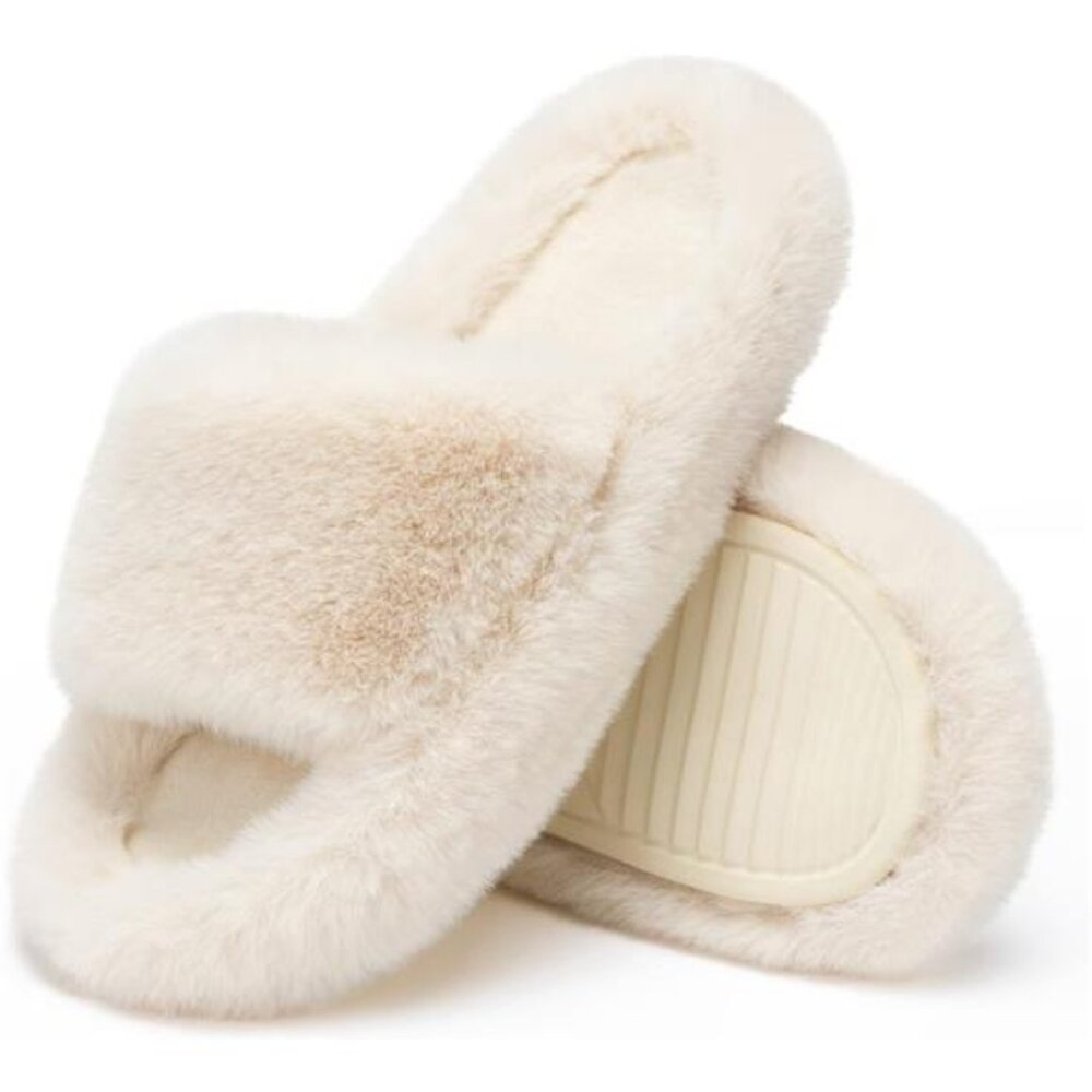 Women's Fuzzy Memory Foam Bedroom Slippers, Beige